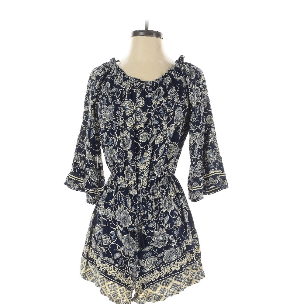 Blue & White Floral print Romper boho large boat neck off shoulder long sleeve